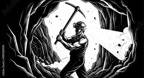 Miner working in a dark underground mine with pickaxe.