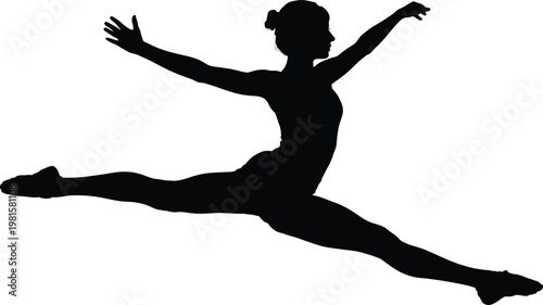 Black silhouette of a female gymnast performing a split leap