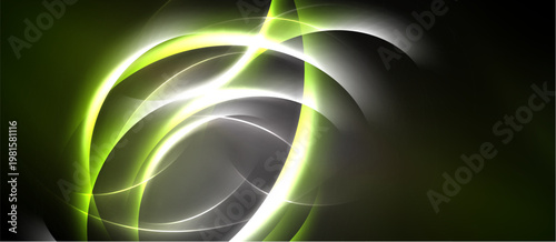 Abstract design features glowing curves, lines, shapes against dark background. Vivid green, white hues create dynamic visual effect.