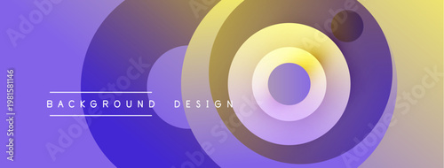 Abstract circles create vibrant gradient background. Purple, yellow hues blend smoothly, forming dynamic visual effect. Modern design element.