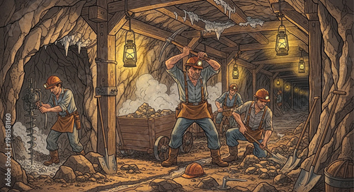 Miners Working Deep Underground in a Coal Mine.