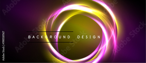 Abstract neon circles overlap, creating vibrant glow. Dark background emphasizes luminous design elements. Text reads background design.