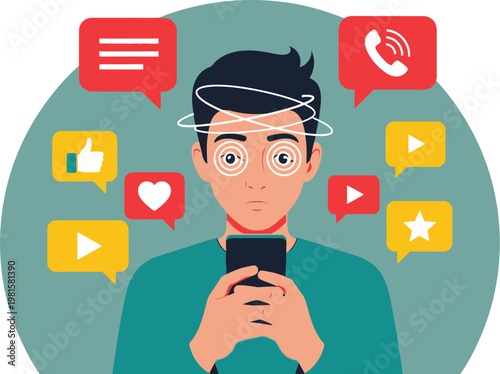 Man overwhelmed by social media notifications on his phone screen