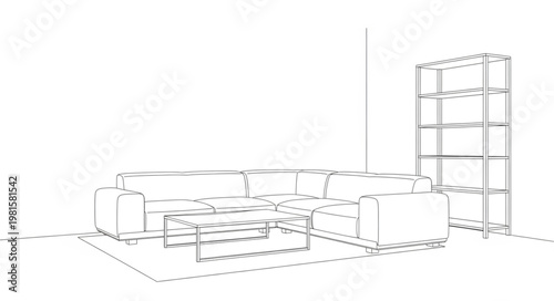 Minimalist Living Room Design with Sectional Sofa and Bookshelf.