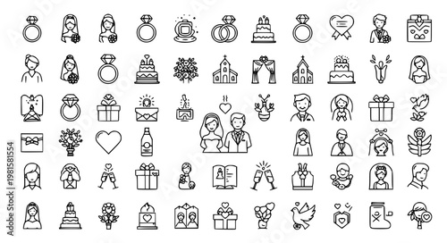 Stylized wedding ceremony line icon set 50 vector EPS10 editable stroke isolated