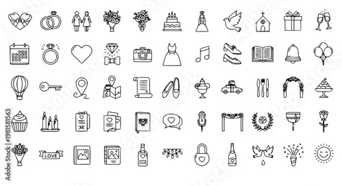 Minimal wedding ceremony line icon set 50 editable stroke EPS10