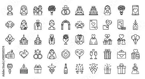 Wedding ceremony 50 line icon set editable stroke vector EPS10 isolated