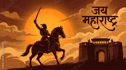Calligraphy in Hindi Marathi “ Jai Maharashtra”. Which translates as Maharashtra Day. Fort and Maratha warrior Shivaji Maharaj silhouette vector background template for social media banner