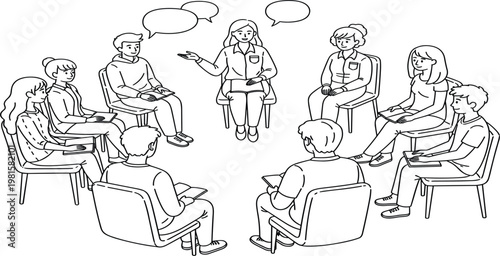Group Therapy Session Illustration with People Sitting in Circle, Sharing Thoughts with Counselor for Mental Health Support, Counseling, Communication, and Psychology Concepts