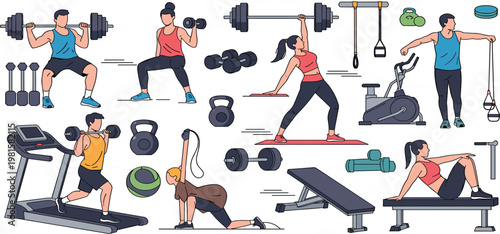 Gym Workout Illustration Set with People Training Using Dumbbells, Barbell, Treadmill and Fitness Equipment for Strength Training, Exercise Routine and Healthy Lifestyle Design