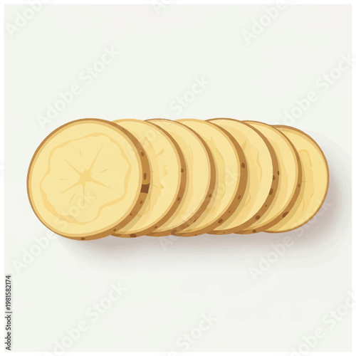 Stack of sliced raw potatoes arranged neatly.