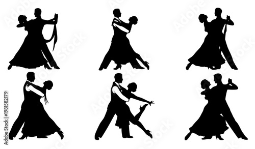 Couple dancing silhouette vector set ballroom waltz tango romantic dance illustration