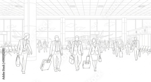 Line drawing of people in a public space.