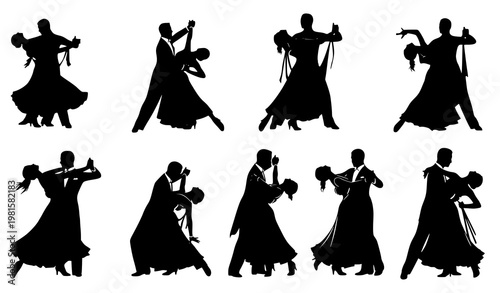 Ballroom dance couple silhouette vector dynamic romantic dancing poses illustration