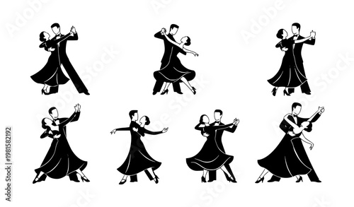 Couple dancing silhouette icon set ballroom romantic dance vector illustration collection