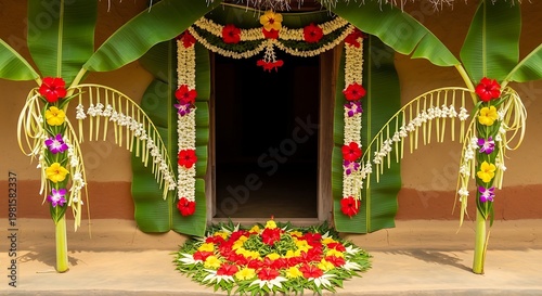 Traditionally Decorated Entrance of a Sri Lankan Home with Banana Leaves Flower Garlands and Rangoli