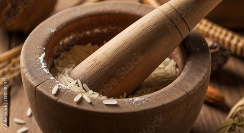 Close Up of Raw Rice Being Ground in a Traditional Wooden Mortar and Pestle for New Year Sweets