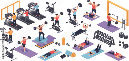 Isometric Gym Workout Illustration with People Training on Treadmills, Bikes, Weights and Fitness Equipment for Exercise Routine, Bodybuilding and Healthy Lifestyle Design