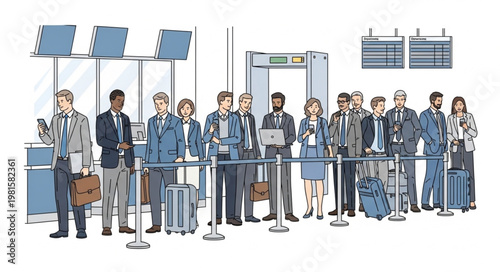 Line of travelers waiting at airport security checkpoint.