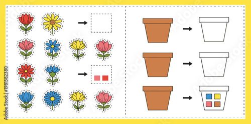 Kids Cut and Glue Matching Worksheet with Flowers and Flower Pots, Color Sorting Educational Activity for Preschool Learning, Fine Motor Skills Practice Printable Game