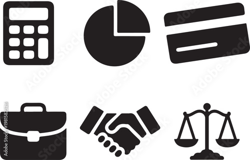 Business finance and agreement icons set with calculator credit card handshake and law balance