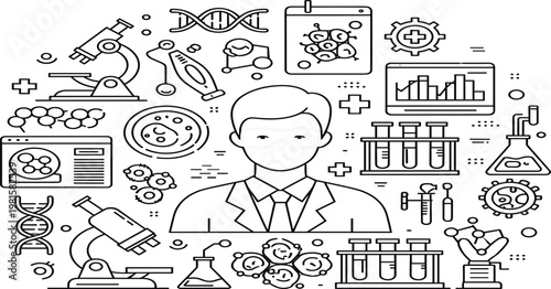 Medical Research and Laboratory Science Illustration with Scientist, Microscope, DNA, Test Tubes, and Healthcare Icons for Biotechnology, Clinical Analysis, and Scientific Innovation