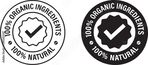 Set of two 100 Organic Ingredients 100 Natural badges with checkmark representing quality assurance for food and cosmetic products