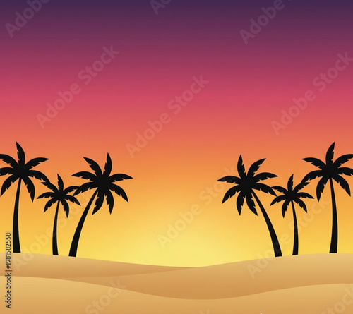 Tropical beach paradise at sunset with silhouetted palm trees, warm sand, and a vibrant gradient sky creating a serene vacation backdrop