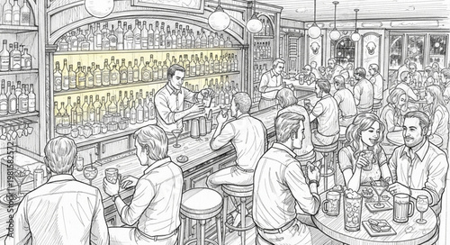 Lively Bar Scene - Patrons Enjoying Drinks and Conversation.
