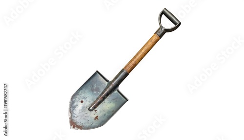 A weathered metal shovel with a wooden handle