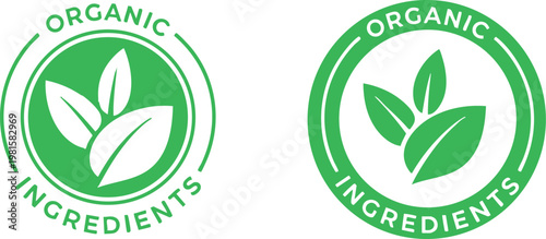 Green organic ingredients seal with leaves a circular emblem for natural food products and eco-friendly branding isolated on white