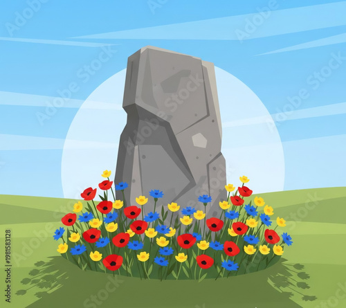 A large gray standing stone, weathered and ancient, surrounded by a vibrant meadow filled with red poppies and yellow wildflowers under a bright blue sky with a large sun disc