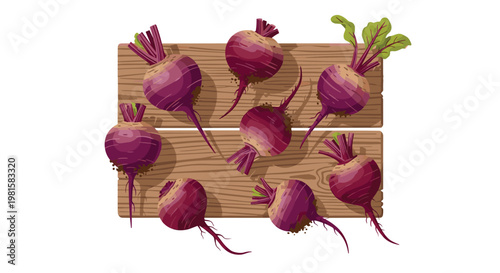 Several whole purple beets with short stems and earthy textures are scattered across a light brown wooden plank background with visible natural grain under warm light.