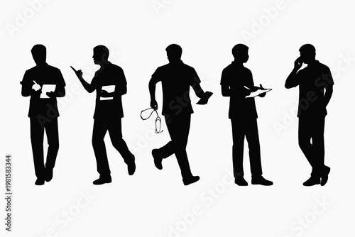 Doctors in Shadows: Silhouette of medical professionals in various poses, portraying a sense of dedication and the everyday life in healthcare.