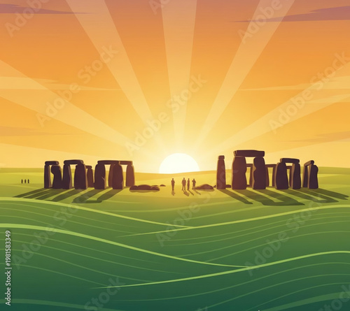 Stonehenge at sunrise, a prehistoric monument on Salisbury Plain, Wiltshire, England, bathed in the warm glow of the morning sun, a historical landmark of ancient mystery and wonder