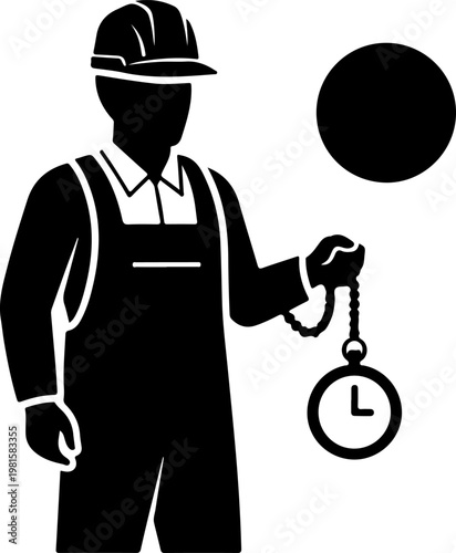 Industrial worker silhouette holding pocket watch, construction laborer in hard hat and overalls, time management and deadline concept vector