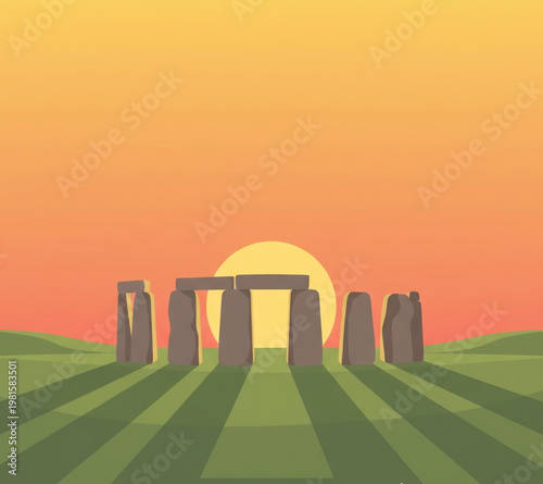 An iconic ancient stone monument, resembling Stonehenge, captured in a vibrant flat design illustration at sunset, evoking historical mystery and a timeless natural landscape