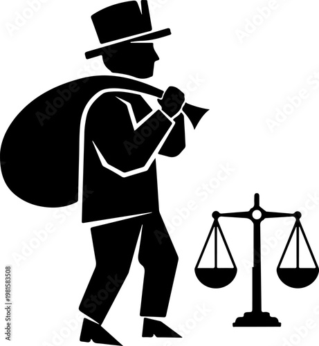 Vintage thief silhouette carrying sack near scales of justice, black and white criminal vector icon, law and crime conceptual illustration