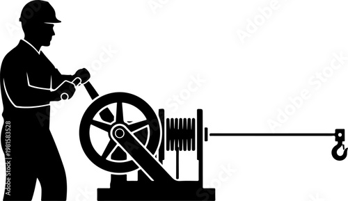 Industrial worker silhouette operating a manual winch machine, construction laborer using heavy lifting equipment, mechanical hoist with cable and hook