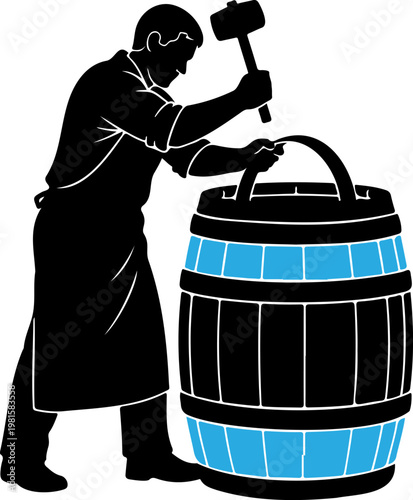 Vintage cooper silhouette making a wooden barrel, traditional craftsman artisan working with hammer, brewery and winery barrel maker vector
