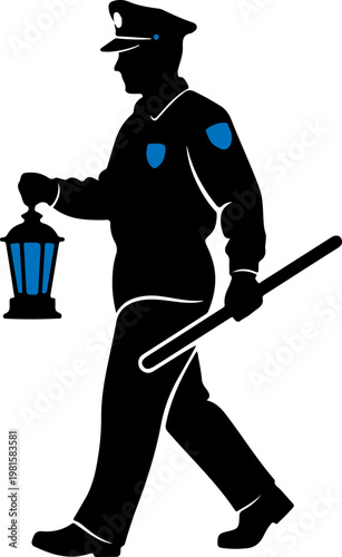 Police officer silhouette walking with lantern and baton, security guard patrolling in uniform, law enforcement vector illustration on white background