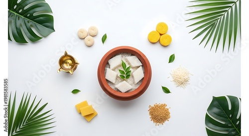 Flat Lay of Traditional Sri Lankan New Year Milk Rice Kiribath and Festive Sweets on White Background with Tropical Leaves