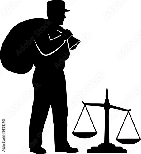 Black silhouette of a man carrying a heavy sack next to a scale of justice, concept of legal burden and labor law, vector illustration