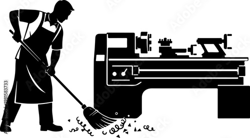 Vintage industrial worker silhouette sweeping floor, factory machinist cleaning workshop with broom, metal lathe machine operator vector illustration