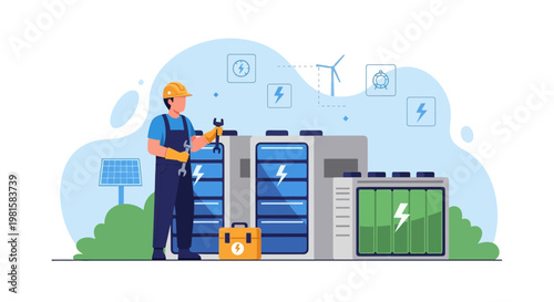 Energy Storage System Maintenance: Technician Working on Battery Bank with Solar and Wind Power