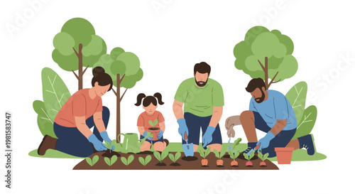 Family planting vegetables in garden, outdoor activity, healthy lifestyle, spring season
