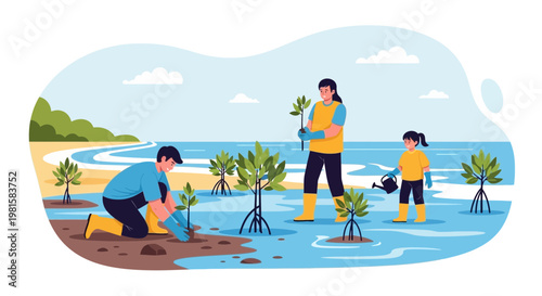 Family planting mangrove trees on a beach for environmental protection and ecosystem restoration.