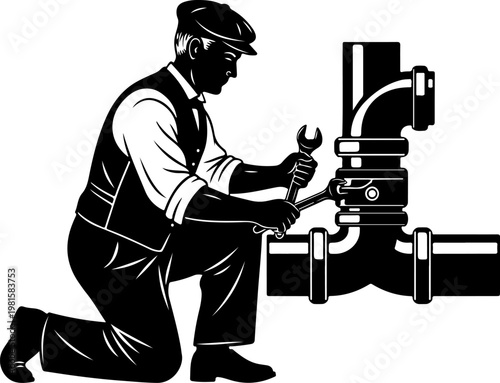 Vintage plumber silhouette vector, retro handyman repairing water pipes with wrench, classic maintenance worker illustration for plumbing services