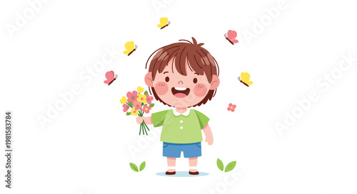 A joyful young boy stands happily while holding a vibrant bouquet of wildflowers as colorful butterflies dance gracefully around him in the bright air.