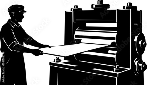 Vintage industrial worker operating heavy machinery, retro black and white factory laborer silhouette, metal rolling mill manufacturing vector